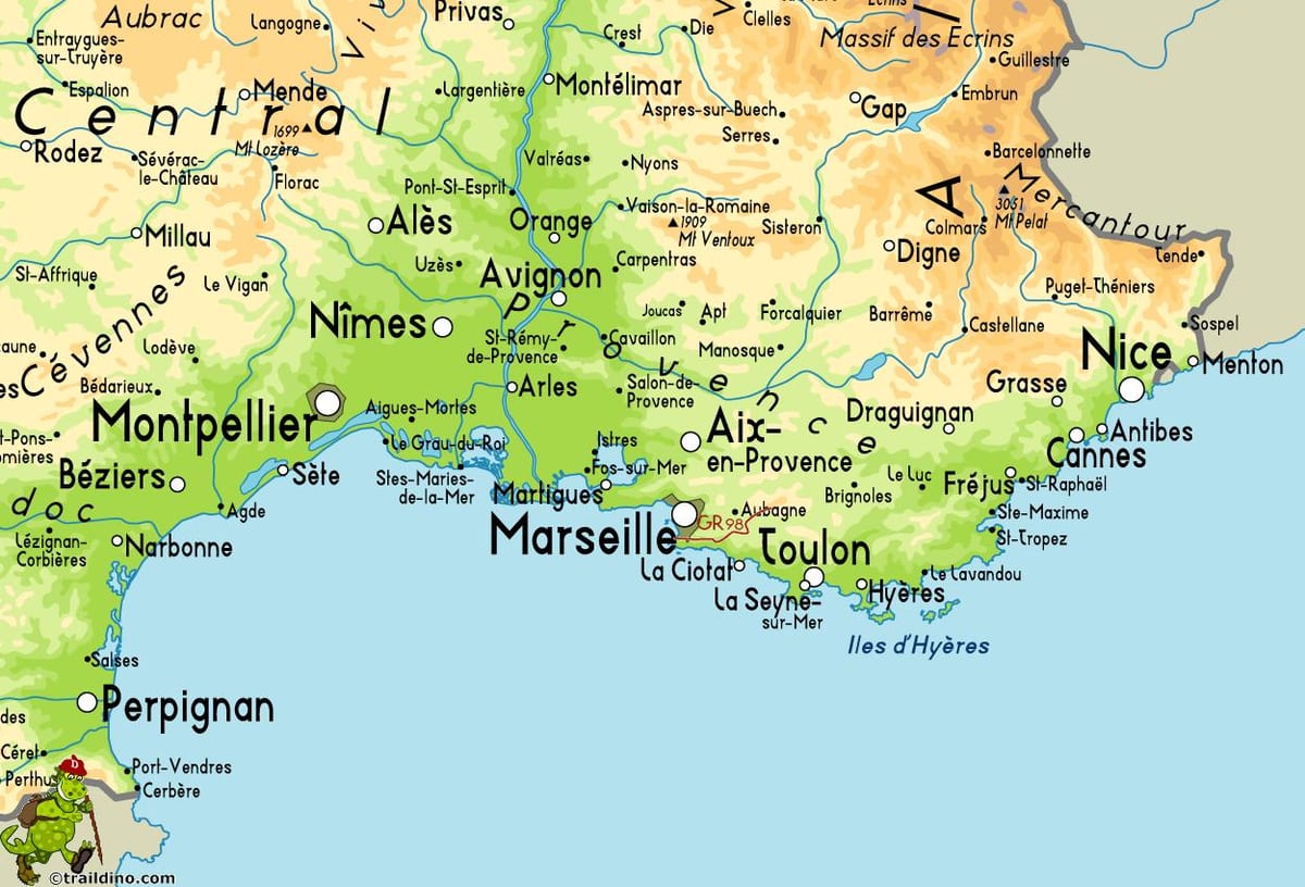 ನಕ್ಷೆ Marseille ಮತ್ತು ಸುತ್ತಮುತ್ತಲಿನ ಪ್ರದೇಶದಲ್ಲಿ